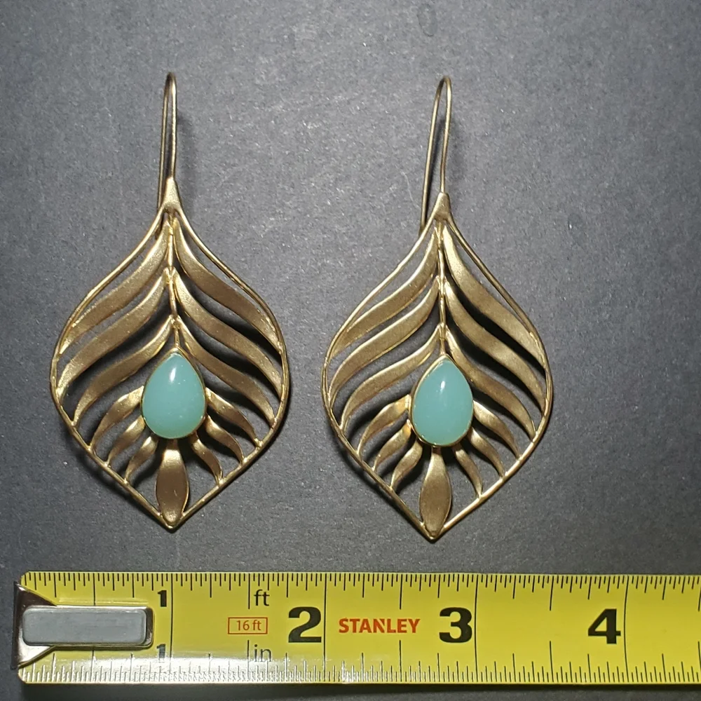 14K GOLD PLATED Handcrafted Leaf Shaped with Turquoise Glass Teardrop